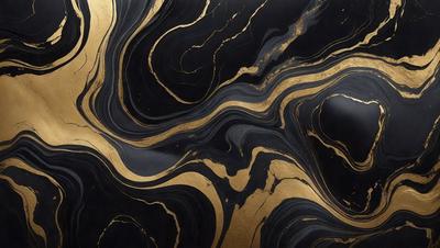 The primary subject of the image is a black and gold marble-like surface. The setting is a dark room, and the visual style appears to be a combination of a photo and a digital art or illustration. The dominant colors are black and gold, creating a luxurious and elegant atmosphere.