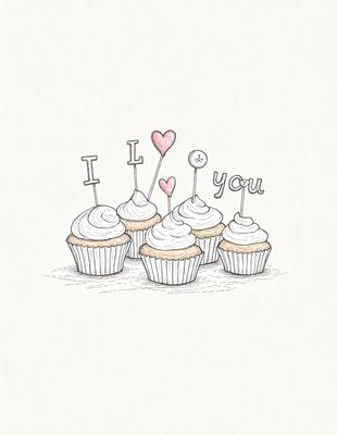 The image features a collection of cupcakes with white frosting and pink hearts. There are six cupcakes in total, arranged in a visually appealing manner. The cupcakes are placed on a dining table, which serves as the background of the scene. The overall atmosphere of the image is sweet and inviting, with the cupcakes being the main focus of the image.