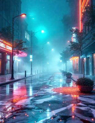 The primary subject of the image is a city street at night, with a wet road reflecting the lights from the surrounding buildings. The setting includes a city street with a few potted plants, trees, and a building. The visual style is a digital art or illustration, creating a moody and atmospheric scene. The dominant colors are blue, green, and red, with the blue lights from the street lamps and the green glow from the streetlights creating a captivating ambiance.