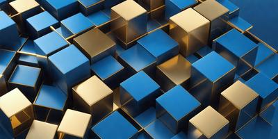 The primary subject of the image is a pattern of blue and gold squares. The setting is a blue background, and the visual style appears to be a digital art or illustration. The dominant colors are blue and gold, creating a vibrant and lively atmosphere.