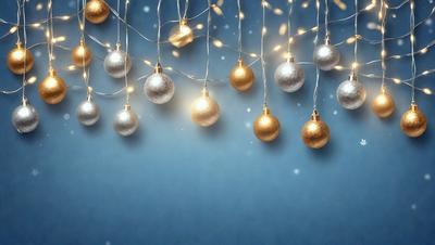 The primary subject of the image is a string of Christmas lights, which are hanging from the ceiling. The lights are shining brightly, creating a festive atmosphere. The setting is a blue background, which contrasts with the lights, making them stand out even more. The visual style of the image is a combination of photo and digital art, as it captures the essence of a real string of lights while also showcasing the artistic elements of digital design. The colors and mood of the image are predominantly blue and festive, as the lights are illuminating the space and creating a joyful ambiance.