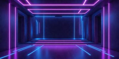 The primary subject of the image is a purple and blue neon-lit room. The setting is a dark room with a purple and blue neon glow, creating a unique and futuristic atmosphere. The visual style of the image is a digital art or illustration, as it features a purple and blue neon-lit room with a black background. The colors and mood of the image are predominantly purple and blue, with a sense of mystery and intrigue.