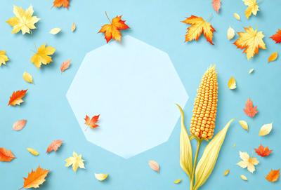 The primary subject of the image is a blue circle with a yellow corn on the cob in the center. The setting is a blue background, and the visual style appears to be a digital art or illustration. The dominant colors are blue and yellow, creating a calm and soothing atmosphere.