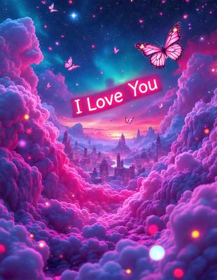 The primary subject of the image is a heart-shaped sign that says "I Love You." The setting is a pink, purple, and blue background with clouds, and the visual style is digital art. The colors and mood of the image are warm, romantic, and inviting.