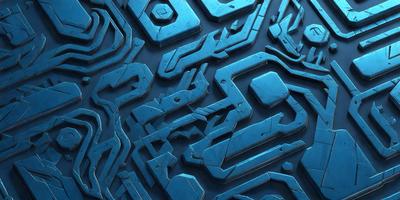 The primary subject of the image is a blue, metallic surface with a pattern of interconnected circles. The setting appears to be a futuristic or industrial environment, with the blue surface serving as a backdrop. The visual style of the image is a combination of digital art and illustration, creating a unique and intricate design. The dominant colors in the image are blue and silver, giving the scene a sleek and modern appearance.