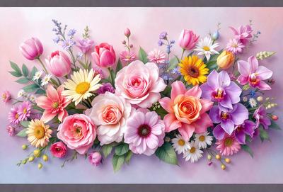 The primary subject of the image is a bouquet of flowers. The bouquet is composed of various types of flowers, including pink and white flowers, and is displayed in a vase. The setting is a pink background, which adds a warm and inviting atmosphere to the scene. The visual style of the image is a painting, which showcases the artist's skill in capturing the beauty and details of the flowers. The colors and mood of the image are predominantly pink and white, creating a sense of elegance and serenity.