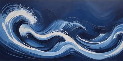 The primary subject of the image is a large wave, which is the main focus of the scene. The wave is depicted in a blue and white color scheme, giving it a dynamic and powerful appearance. The setting is a dark blue background, which contrasts with the wave and adds to the dramatic effect. The visual style of the image is a combination of digital art and illustration, creating a striking and realistic representation of the ocean wave.