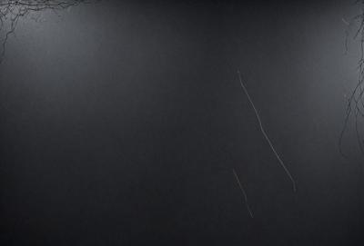 The primary subject of the image is a long, thin, white line that is stretched across the black background. The setting appears to be a dark, foggy environment, with the line being the main focus of the image. The visual style is a black and white photo, which adds a sense of mystery and drama to the scene. The overall atmosphere is moody and mysterious, with the white line contrasting against the dark background.