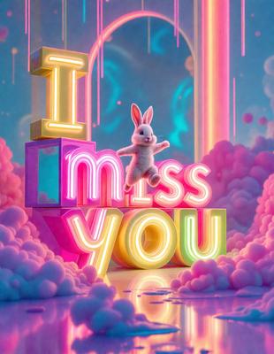 The primary subject of the image is a bunny rabbit, which is the main focus of the scene. The setting is a pink and purple background, giving the image a vibrant and playful atmosphere. The visual style is a combination of digital art and illustration, creating a unique and eye-catching design. The colors and mood of the image are predominantly pink and purple, with a touch of neon green, giving it a cheerful and whimsical appearance.