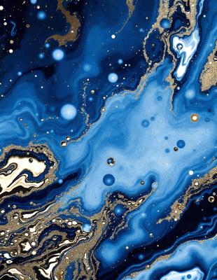 The primary subject of the image is a blue and gold swirling pattern, which appears to be a digital art or illustration. The setting is a blue and gold background, and the visual style is a mix of digital art and illustration. The dominant colors in the image are blue and gold, creating a vibrant and lively atmosphere.