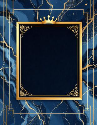 The primary subject of the image is a decorative frame with a blue background. The frame features a gold crown and a blue background, giving it an elegant and sophisticated appearance. The setting is a blue background, which complements the gold crown and frame. The visual style is a combination of digital art and illustration, creating a unique and eye-catching design. The colors and mood of the image are predominantly blue and gold, giving it a sense of luxury and refinement.