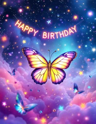 Happy birthday butterfly: [The main object is a butterfly, which is the primary subject of the image. The setting is a colorful, star-filled background, creating a vibrant and lively atmosphere. The visual style is digital art, as the butterfly is depicted in a digital format. The colors and mood are predominantly pink and purple, with a sense of joy and celebration.]