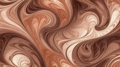 The primary subject of the image is a swirling pattern of brown and white colors, which creates a visually striking and dynamic scene. The setting is a wooden surface, possibly a table or a piece of furniture, that serves as the backdrop for the swirling pattern. The visual style of the image is a combination of photo and digital art, as it captures the intricate details of the swirling pattern while maintaining a sense of depth and texture. The dominant colors in the image are brown and white, which contribute to the overall atmosphere of the scene, evoking a sense of warmth and elegance.