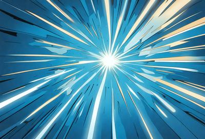 The primary subject of the image is a bright, colorful explosion of light, which appears to be a digital art or illustration. The setting is a blue background, which adds to the overall atmosphere of the image. The visual style is dynamic and captivating, with the light bursting out in various directions, creating a sense of motion and energy. The colors and mood of the image are vibrant and lively, with the blue background providing a sense of depth and contrast to the bright, colorful light explosion.