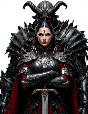 The primary subject of the image is a woman dressed in medieval armor, standing in front of a demonic figure. The setting appears to be a fantasy or mythical world, as the woman is wearing a costume and the demonic figure is a part of the scene. The visual style of the image is a combination of photo and digital art, creating a unique and intriguing atmosphere. The colors in the image are predominantly dark, with the woman's armor and the demonic figure being the main focus, creating a sense of mystery and danger.