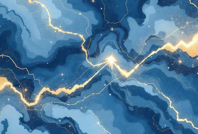 The primary subject of the image is a bright star, which is the main focus of the scene. The setting is a blue sky, with a few clouds scattered throughout the background. The visual style of the image is a combination of digital art and illustration, creating a vibrant and dynamic atmosphere. The dominant colors in the image are blue and yellow, with the star being the brightest and most prominent feature.