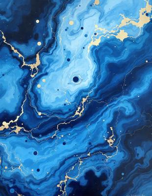 The primary subject of the image is a blue and gold painting featuring a blue background with gold accents. The setting is a blue and gold painting, and the visual style is a painting. The dominant colors are blue and gold, creating a serene and calming atmosphere.