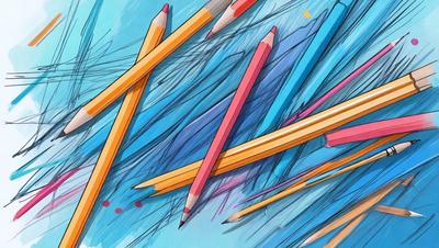 The primary subject of the image is a pile of colorful pencils. The setting is a blue surface, possibly a table or a wall. The visual style is a combination of digital art and illustration, creating a vibrant and lively atmosphere. The colors and mood of the image are predominantly blue and pink, with the pencils adding a touch of yellow.