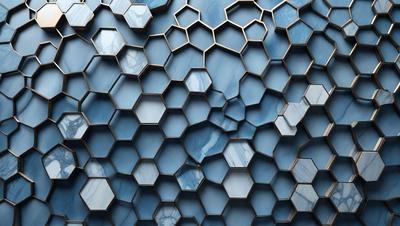 The primary subject of the image is a blue and white marble wall with a unique hexagonal pattern. The setting is a room with a blue and white marble wall, which serves as the background. The visual style of the image is a close-up of the marble wall, showcasing its intricate pattern. The dominant colors in the image are blue and white, creating a calm and sophisticated atmosphere.