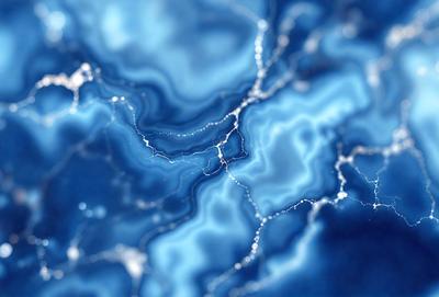 The primary subject of the image is a blue, swirling, and textured surface, which appears to be a piece of art or a digital artwork. The setting or background is a blue sky, and the visual style is a combination of photo and digital art. The colors and mood of the image are predominantly blue, creating a serene and calming atmosphere.