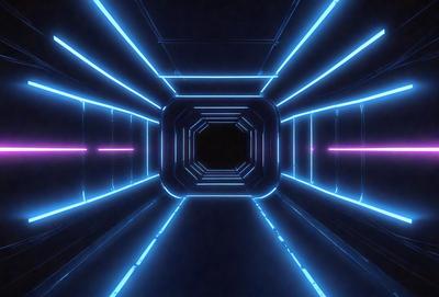 The primary subject of the image is a tunnel with a blue light illuminating it. The setting is a futuristic environment, and the visual style appears to be a combination of a photo and digital art. The dominant colors are blue and purple, creating a cool and futuristic atmosphere.