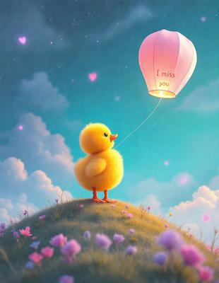 The primary subject of the image is a yellow duck, which is the main focus of the scene. The duck is standing on a hill, surrounded by a field of flowers. The setting appears to be a peaceful, natural environment. The visual style of the image is a digital art or illustration, as it is a well-crafted and detailed depiction of the duck and its surroundings. The colors and mood of the image are predominantly warm and cheerful, with the vibrant yellow of the duck and the soft, pastel hues of the flowers creating a sense of tranquility and beauty.