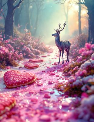 The primary subject of the image is a deer walking down a path surrounded by pink flowers. The setting is a forest with a pink and white color scheme. The visual style is a digital art illustration, creating a whimsical and dreamy atmosphere.