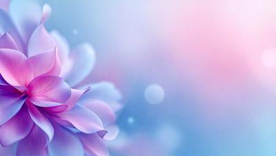 The primary subject of the image is a pink flower with a purple center, which is the main focus of the image. The setting is a blue background, which creates a contrasting and visually appealing environment. The visual style of the image is a combination of photo and digital art, as it appears to be a close-up of the flower with a slightly blurred background. The colors and mood of the image are predominantly pink and purple, giving it a soft and delicate appearance.