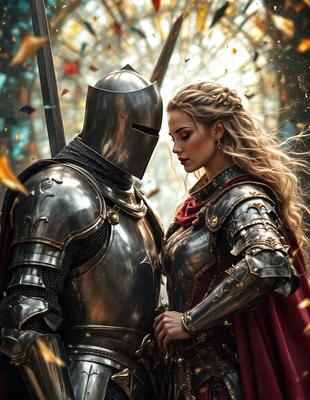 The primary subject of the image is a man and a woman dressed in medieval armor, standing close to each other. They are the main focus of the image. The setting is a forest, with trees visible in the background. The visual style is a digital art, illustration, or drawing, creating a fantasy and medieval atmosphere. The colors are predominantly metallic, such as gold, silver, and bronze, which contribute to the overall mood of the scene.
