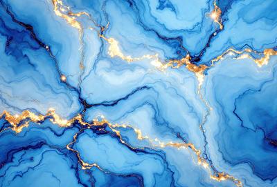 The primary subject of the image is a blue and gold patterned wallpaper. The setting is a blue and gold wallpapered room. The visual style is a digital art or illustration, as the colors and patterns are intricately designed. The dominant colors are blue and gold, creating a warm and inviting atmosphere.