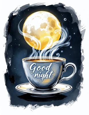 The primary subject of the image is a cup of coffee, which is placed on a saucer and a plate. The setting is a nighttime scene, with a moon visible in the background. The visual style is a combination of digital art and illustration, creating a whimsical and artistic atmosphere. The colors are predominantly blue and white, with the blue cup and the white plate, saucer, and moon, creating a calming and serene mood.