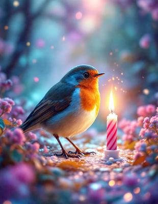 The primary subject of the image is a small bird, specifically a robin, perched on a branch. The bird is looking at a lit candle, which is placed on a cake. The setting is a flower-covered field, creating a serene and natural atmosphere. The visual style is a combination of photo and digital art, giving the image a realistic yet artistic appearance. The colors are predominantly pink and white, which adds to the overall mood of the scene.