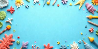 The primary subject of the image is a blue surface with a variety of candy and cake decorations arranged on it. The setting is a table with a blue background, and the visual style is a combination of photo and digital art. The colors and mood of the image are predominantly blue and vibrant, with a playful and fun atmosphere.