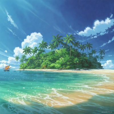 The primary subject of the image is a tropical island with palm trees and a sandy beach. The setting is a beautiful blue ocean, and the visual style is a digital art or illustration. The colors and mood of the image are vibrant and lively, with a focus on the sunny and relaxing atmosphere of the island.