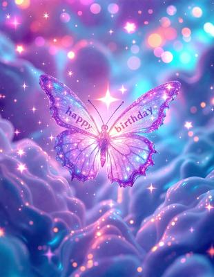 The primary subject of the image is a butterfly, which is the main object, scene, or focus of the image. The butterfly is flying in a purple, pink, and blue cloudy sky, creating a vibrant and colorful atmosphere. The visual style of the image is digital art, as it appears to be a digital illustration or drawing. The colors and mood of the image are predominantly purple, pink, and blue, giving it a warm and lively feel.