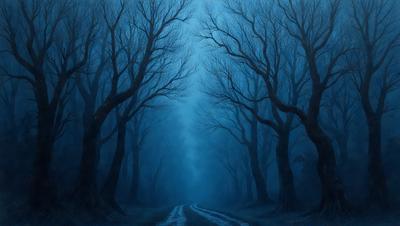 The primary subject of the image is a tree-lined road with a blue sky above. The setting is a forest with trees on both sides of the road. The visual style is a painting, and the colors and mood are predominantly blue, creating a serene and peaceful atmosphere.