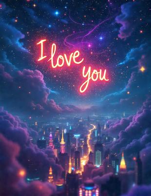 The primary subject of the image is a heart-shaped sign that says "I Love You." The setting is a nighttime cityscape with a purple sky, and the visual style is a digital art or illustration. The dominant colors are purple and red, creating a warm and romantic atmosphere.