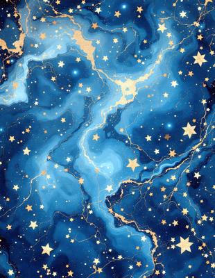 The primary subject of the image is a blue and gold starry background. The setting is a night sky, with the stars and the background being the main focus of the image. The visual style is a painting, with the artist using gold and blue colors to create a vibrant and luminous atmosphere. The colors and mood of the image are predominantly blue and gold, giving it a warm and inviting feel.