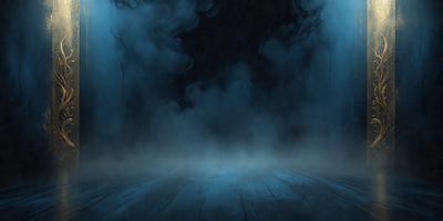 The primary subject of the image is a dark, foggy, and cloudy scene. The setting is a room with a wooden floor, and the visual style is a digital art or illustration. The dominant colors are blue and black, creating a moody and mysterious atmosphere.