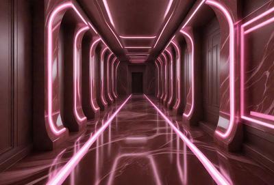 The primary subject of the image is a long, narrow hallway with a pink lighting effect. The hallway is lined with pink lights on the walls, creating a unique and visually striking atmosphere. The setting is a futuristic environment, possibly a space station or a futuristic building. The visual style of the image is a combination of digital art and illustration, with the pink lighting effect adding a surreal touch to the scene. The colors and mood of the image are predominantly pink, giving it a warm and inviting feel.