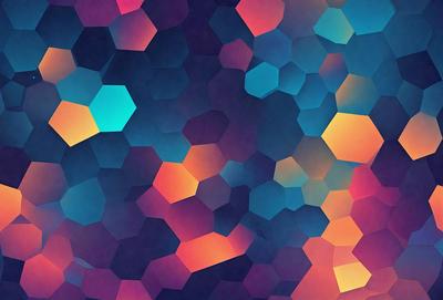 The primary subject of the image is a colorful, geometric pattern. The setting is a blue background, which contrasts with the vibrant colors of the pattern. The visual style is a combination of digital art and illustration, creating a unique and eye-catching design. The dominant colors are blue, orange, and purple, which contribute to a lively and energetic atmosphere.
