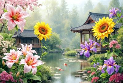 The primary subject of the image is a beautiful garden with a pond, surrounded by a variety of flowers, including sunflowers, lilies, and purple flowers. The garden is situated in front of a traditional Japanese house, which adds a sense of tranquility and harmony to the scene. The visual style of the image is a combination of photo and digital art, creating a vibrant and lively atmosphere. The colors and mood of the image are predominantly warm and inviting, with the flowers and pond contributing to a serene and picturesque setting.