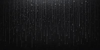 The primary subject of the image is a black background with a large number of raindrops falling on it. The setting is a dark, rainy environment, and the visual style is a close-up of the raindrops on the black background. The colors are predominantly black and white, with the raindrops being the main focus and creating a moody atmosphere.