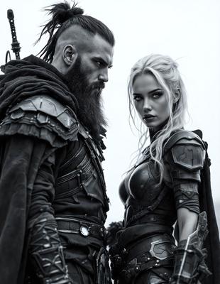 The primary subject of the image is a man and a woman, both dressed in medieval-style armor, standing next to each other. The setting appears to be a dark, moody environment, possibly a fantasy or historical scene. The visual style of the image is a combination of photo and digital art, creating a realistic yet artistic representation of the characters. The colors and mood of the image are predominantly dark, with a sense of drama and intensity.