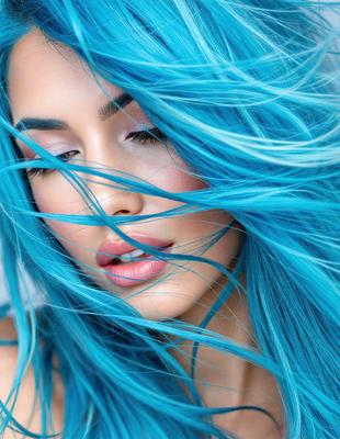 The primary subject of the image is a woman with blue hair, who is looking upward and smiling. She has long, blue hair that is blowing in the wind. The setting is outdoors, with a sky visible in the background. The visual style is a close-up of the woman's face, and the colors and mood are bright and cheerful, with the blue hair adding a vibrant touch to the scene.