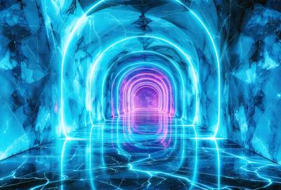 The primary subject of the image is a long, narrow, and brightly lit tunnel. The tunnel is illuminated by a blue light, giving it a futuristic and otherworldly appearance. The setting is a cave-like environment, with the tunnel extending through the rocky terrain. The visual style of the image is a combination of photo and digital art, creating a unique and captivating scene. The dominant colors in the image are blue and purple, which contribute to the overall atmosphere of the tunnel.