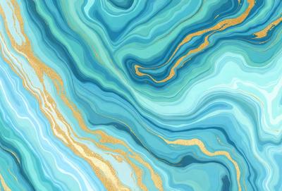 The primary subject of the image is a blue and gold swirling pattern, which appears to be a painting or a digital artwork. The setting is a blue and gold ocean, with a gold and blue background. The visual style is a combination of painting and digital art, creating a unique and vibrant atmosphere. The dominant colors are blue and gold, with a sense of depth and movement in the swirling pattern.