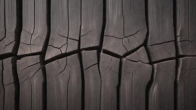 The primary subject of the image is a wooden plank with visible cracks and splits. The setting is a dark room, and the visual style appears to be a close-up of the wooden plank. The colors and mood of the image are predominantly dark and moody, with the wooden plank being the main focus.