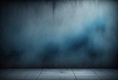 The primary subject of the image is a wall with a blue background. The setting is a room with a concrete floor. The visual style is a digital art or illustration, creating a moody atmosphere.
