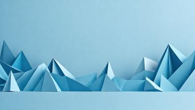 The primary subject of the image is a blue mountain range, which is a three-dimensional paper cutout. The setting is a blue background, and the visual style is a combination of digital art and illustration. The colors and mood of the image are predominantly blue, creating a calm and serene atmosphere.